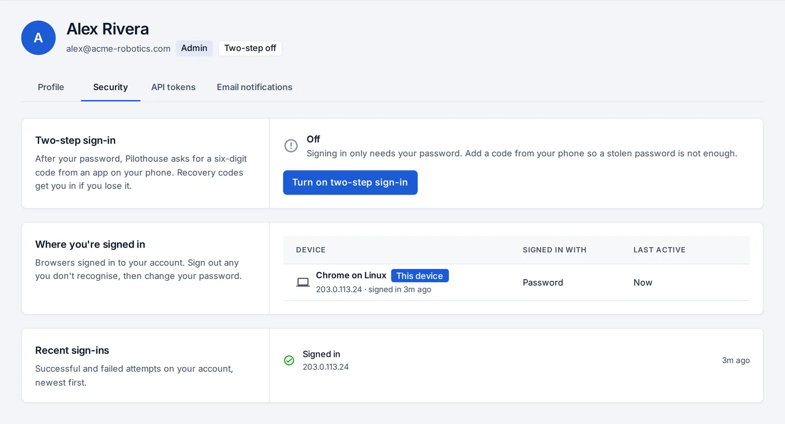 My account → Security: two-step sign-in, where you're signed in, and recent sign-ins.