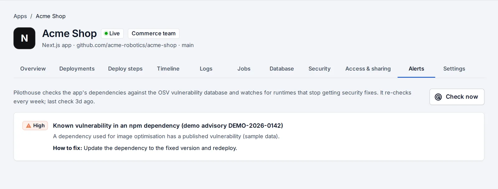 The Alerts tab: a known vulnerability in a dependency, with how to fix it.