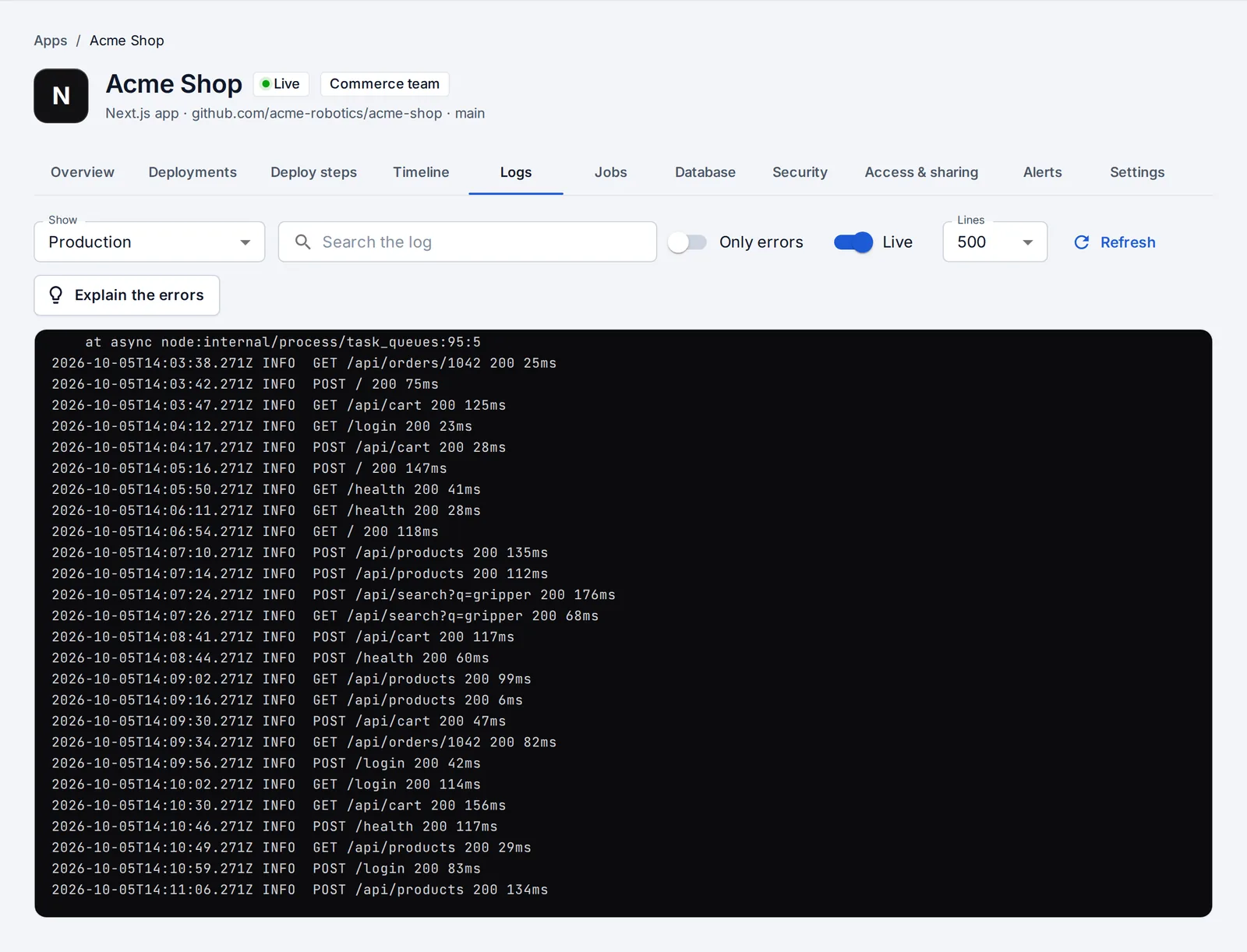 An app's logs with search, errors only and crashes explained.