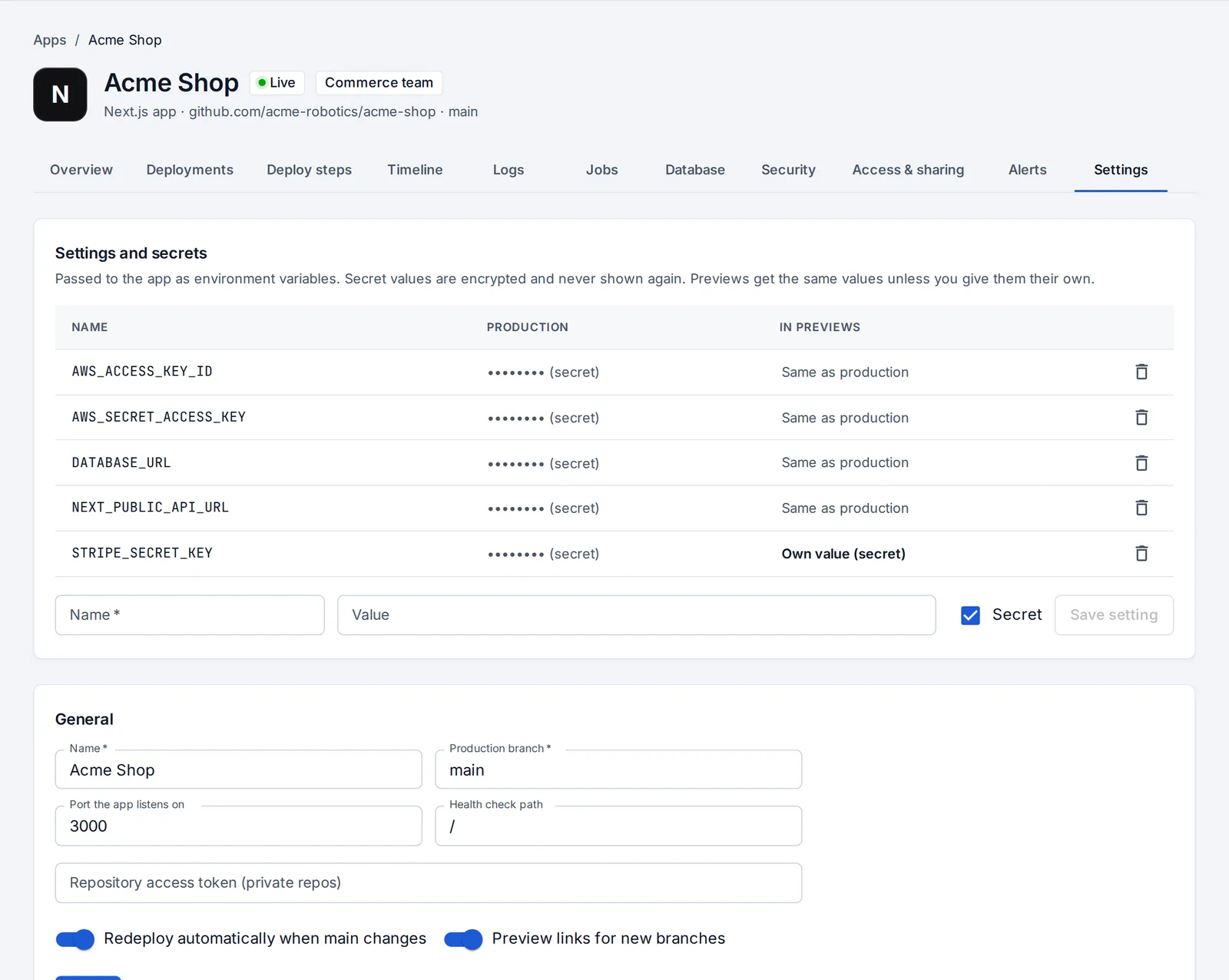 App settings: settings and secrets with their production and preview values.