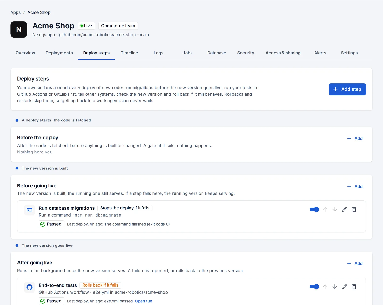 Deploy steps: migrations before going live, end-to-end tests in GitHub Actions and a webhook after.