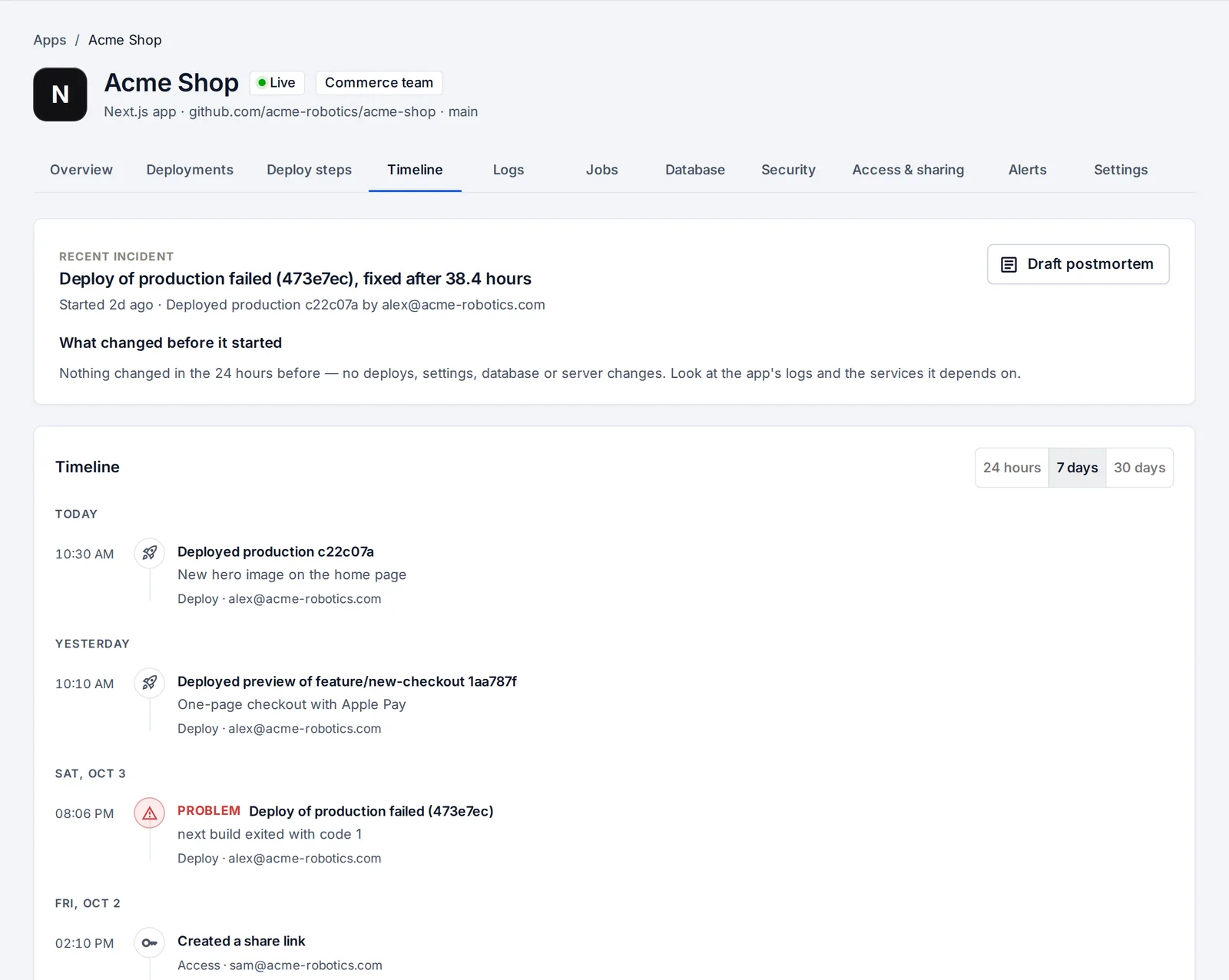 An app's timeline with the last incident and what changed before it.