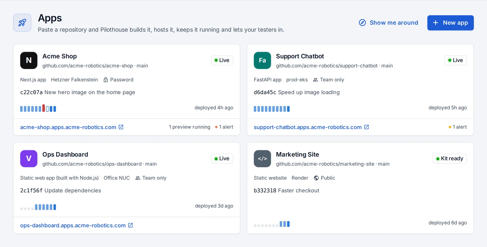 Apps: each app with where it runs, who can open it and its recent deploys.