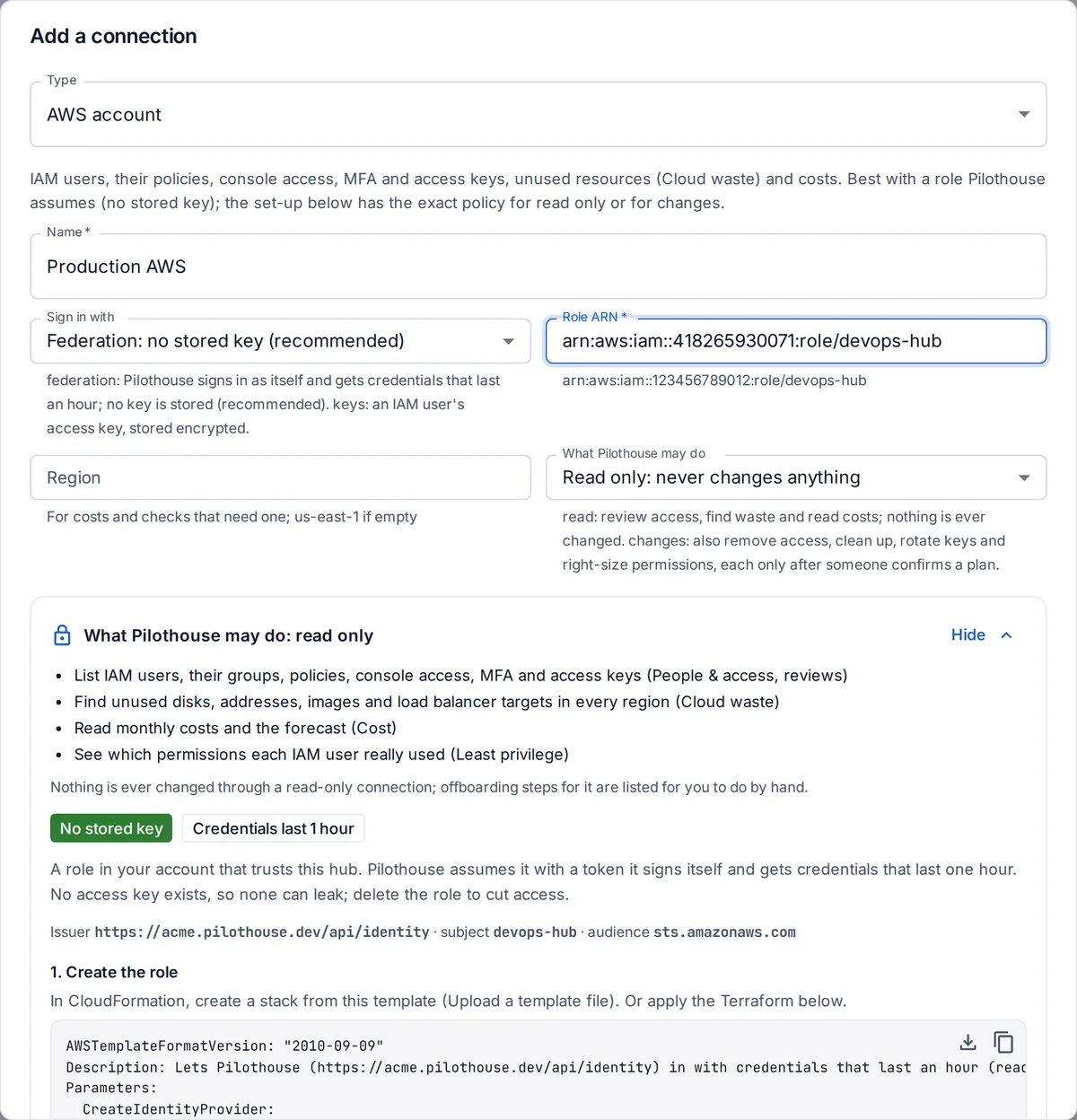 Adding an AWS account: a role instead of keys, read only, and the exact set-up.