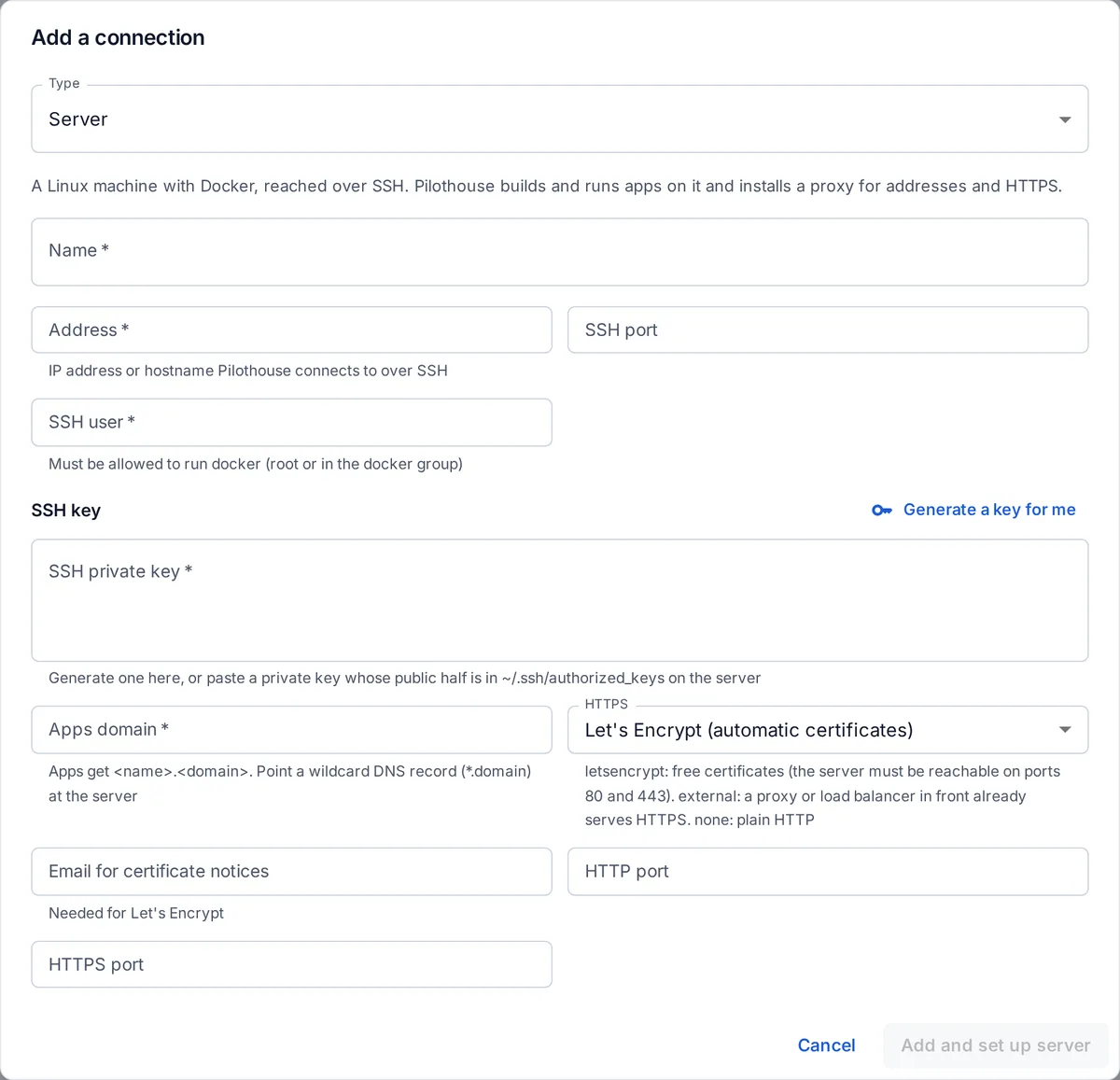 Adding a server: address, SSH user and key, apps domain and HTTPS.