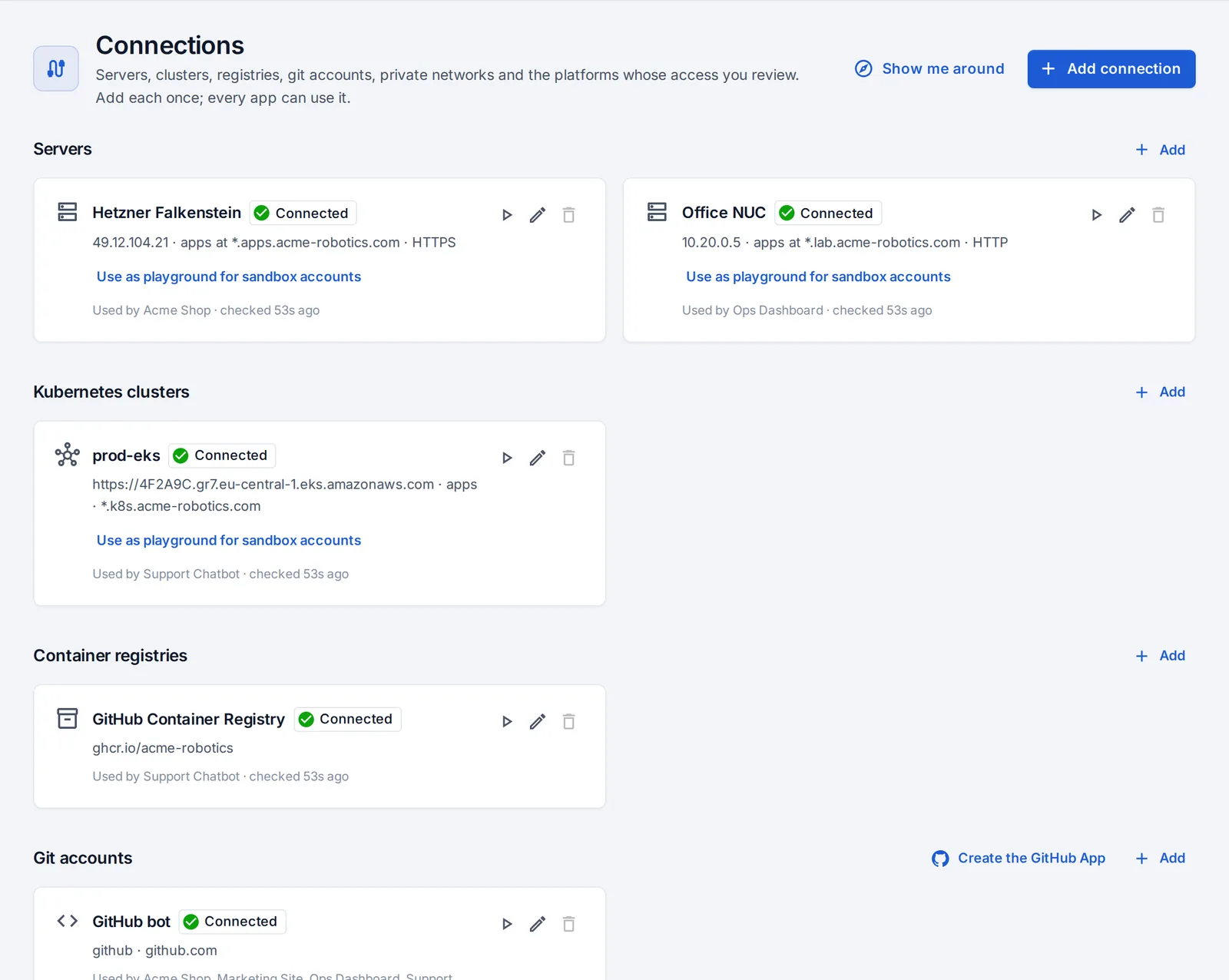 Connections: servers, Kubernetes clusters, registries and git accounts.