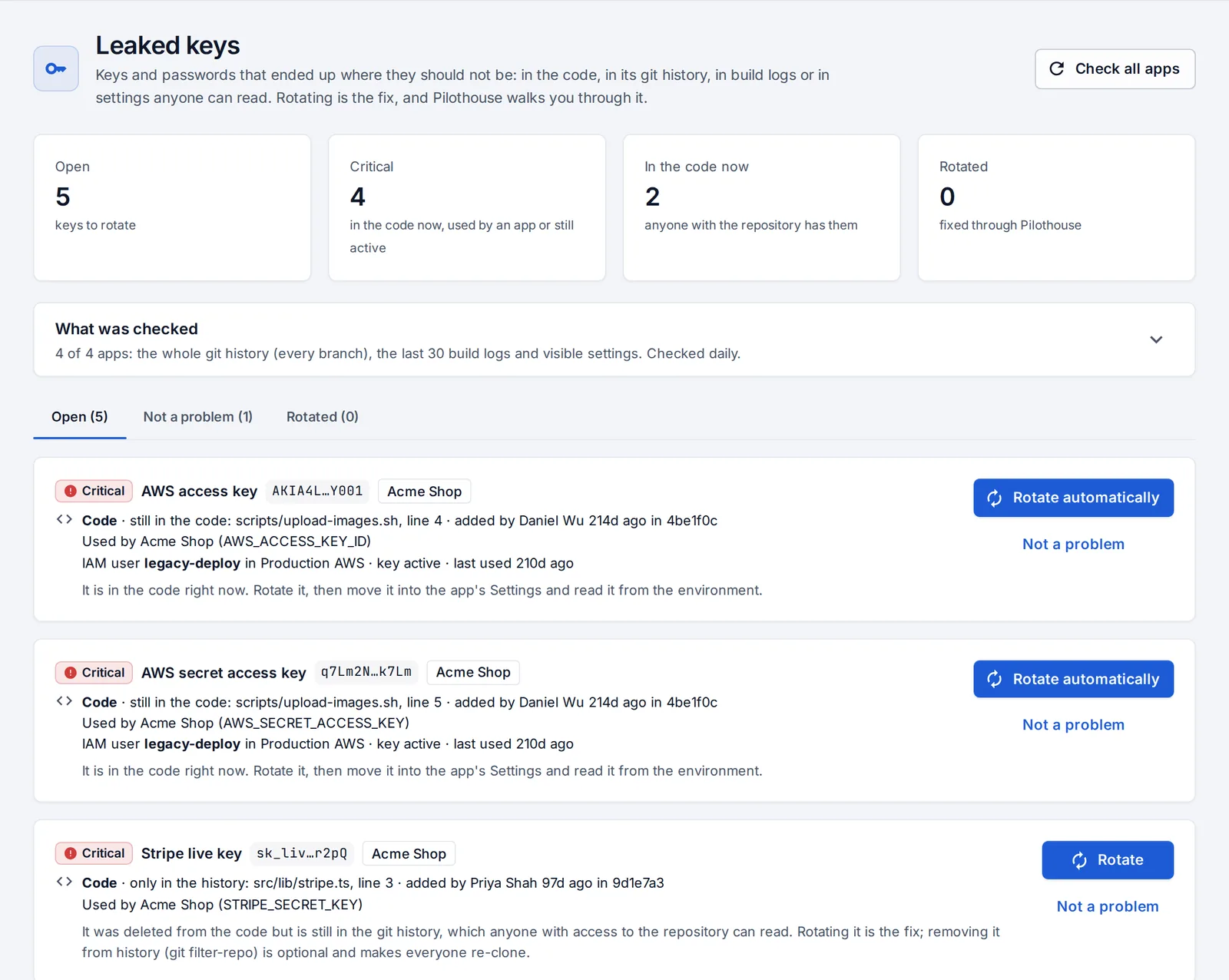 Leaked keys: where each key was found, which apps use it, and Rotate.