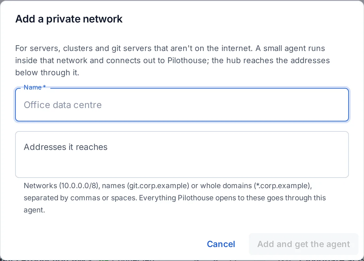 Add a private network: a name and the addresses it reaches.