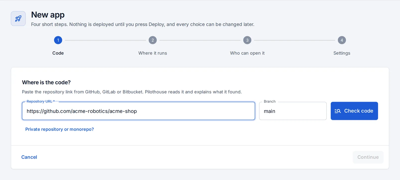 New app: where is the code? Paste the repository link and branch.