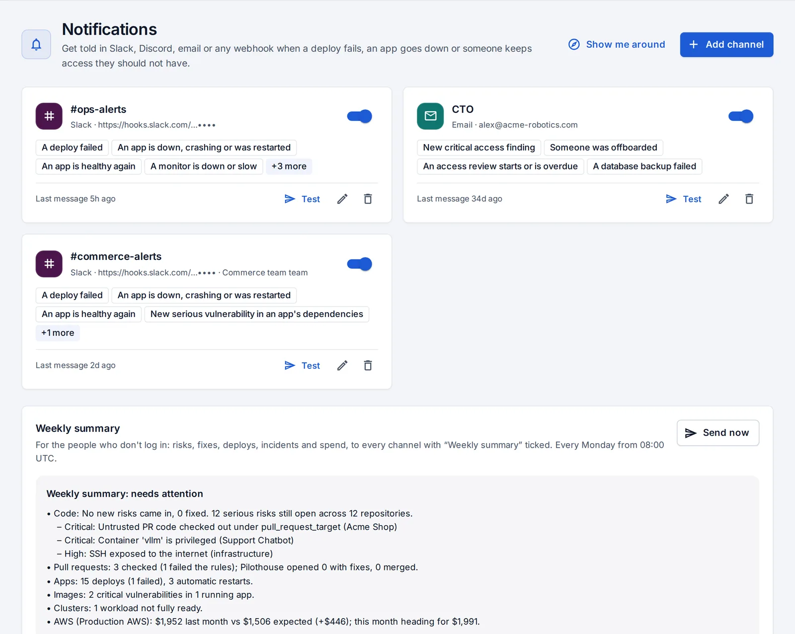 Notification channels: Slack, Discord, email and webhooks, each with the events it hears about.