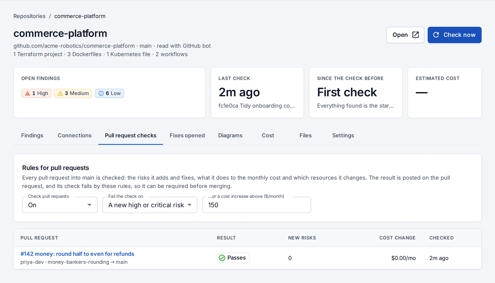 Pull request checks: new risks, fixed risks and the monthly cost change of every pull request.