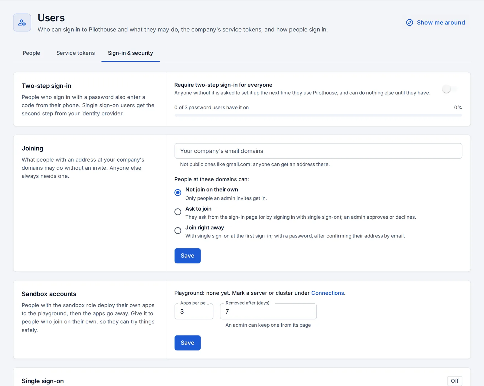 Sign-in and security: single sign-on, required two-step sign-in and who can join.