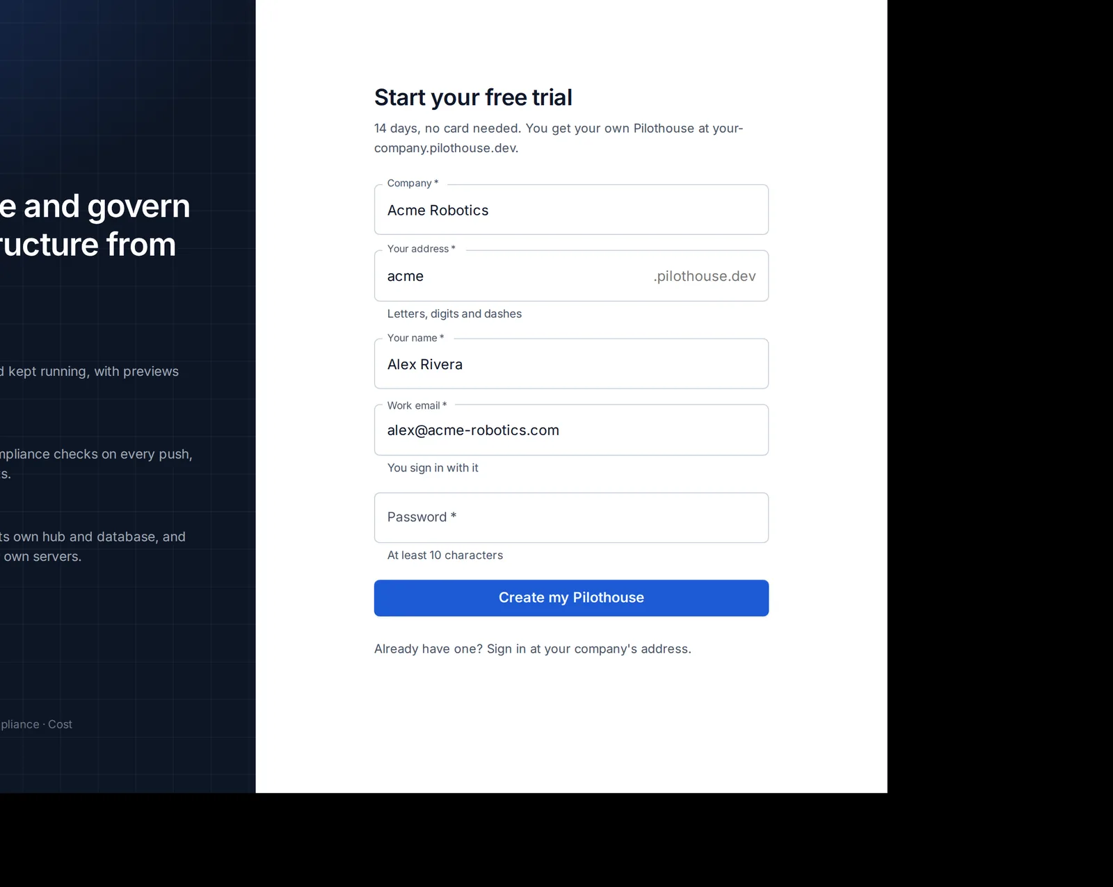 The sign-up form: company, address, name, work email and password.