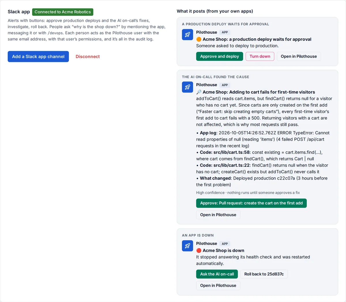 The Slack app on the Notifications page: connected, with the messages it posts.