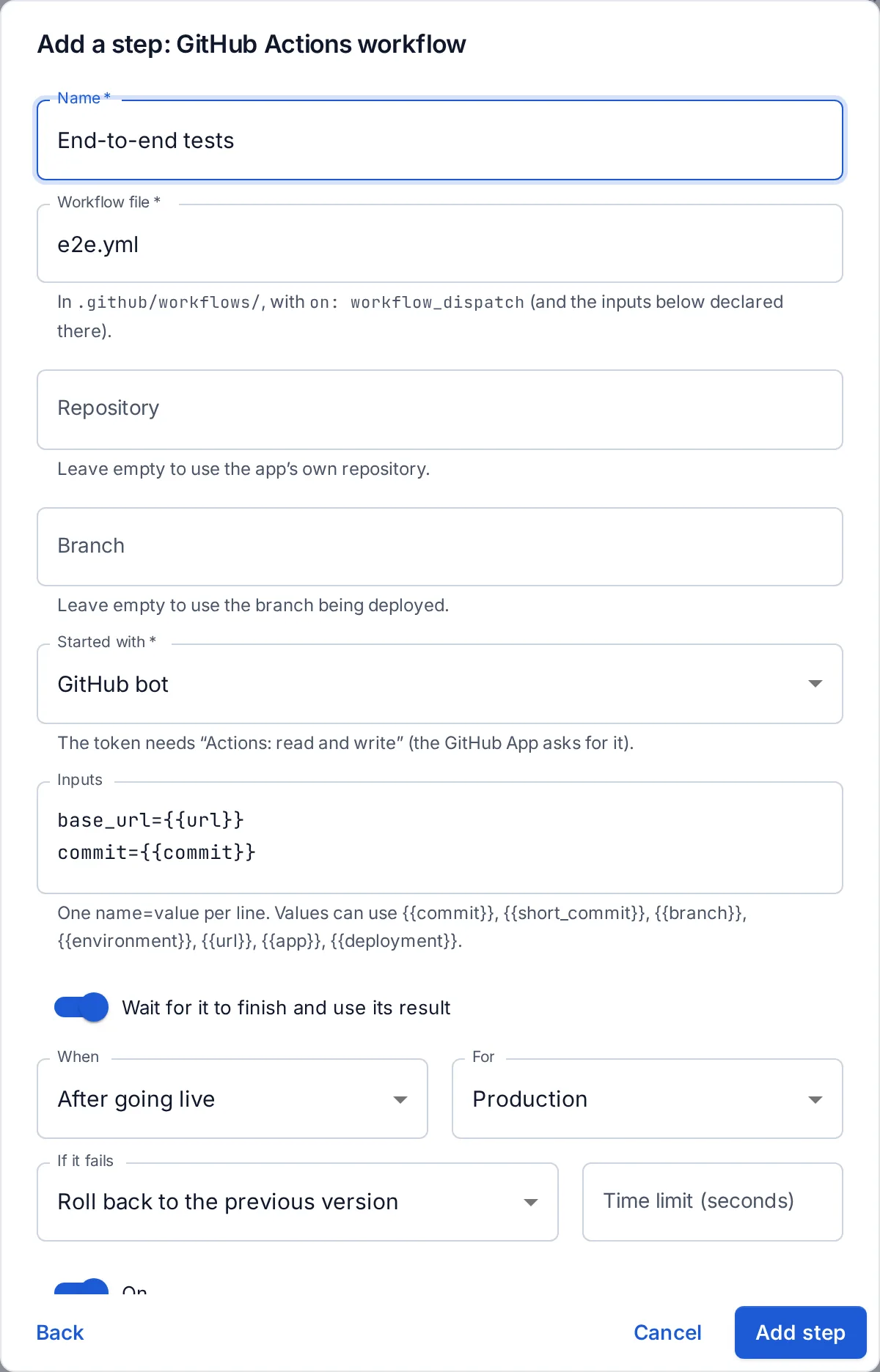 A GitHub Actions workflow step: the workflow file, inputs, when it runs and rolling back if it fails.