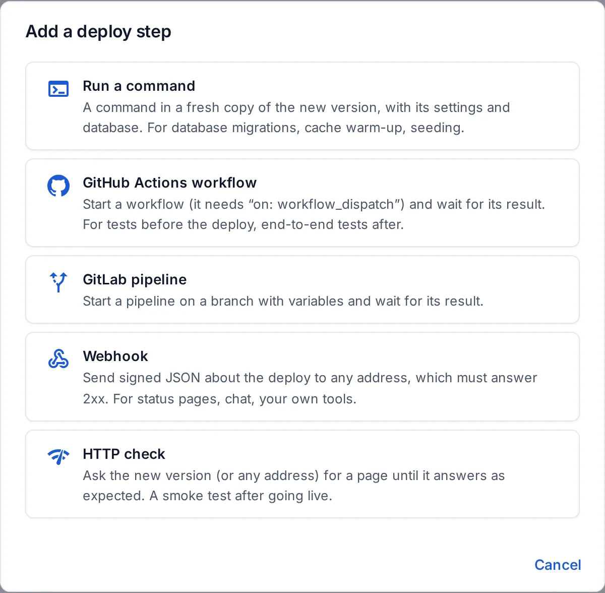 Add a deploy step: a command, a GitHub Actions workflow, a GitLab pipeline, a webhook or an HTTP check.